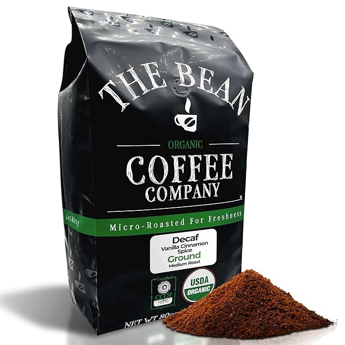 The Bean Organic Coffee Company Water Processed DECAF Vanilla Cinnamon Spice Medium Roast Ground Coffee 5-Pound Bag Café Molido Tostado Orgánico descafeinado
