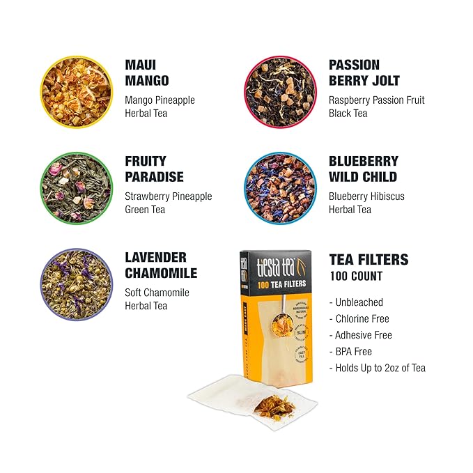 Tiesta Tea Premium Starter Loose Leaf Sampler Kit - Classic Tea Blends High to Non Caffeinated Hot &amp Iced Brews Starter Set with Black Green Herbal Sample Bags and 100 Disposable Tea Filters