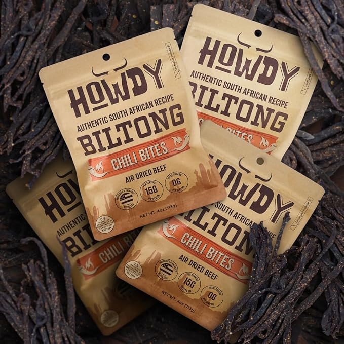 HowdySnax Biltong Chili Bites – 4 Pack (16 oz Total) – Bulk Spicy Beef Snack • High‑Protein • Keto &amp Paleo • No Preservatives • Made in USA