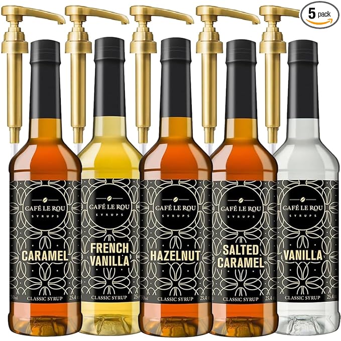 Café Le Rou Coffee Syrup Variety 5-Pack- 25.4 oz Vanilla French Vanilla Caramel Salted Caramel Hazelnut *Includes 5 Syrup Pumps* Flavoring Syrup for Coffee Tea and Espresso