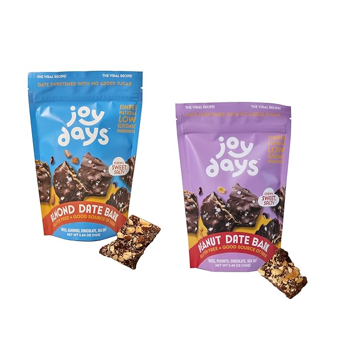 Joydays Dark Chocolate Date Bark 2 Flavor Pack (Peanut &amp Almond) Dates Sea Salt Roasted Peanuts or Almonds Gluten Free Vegan Healthier Snacks for Adults &amp Kids No Added Sugar 3.88 oz