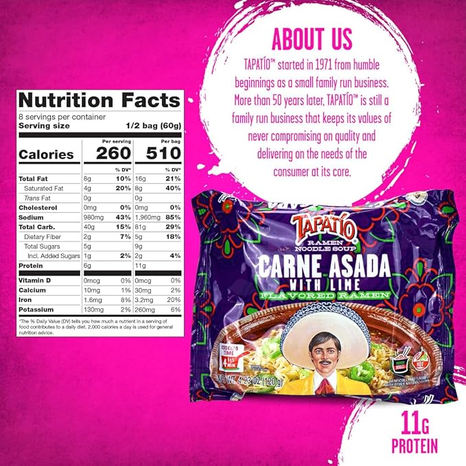 Tapatío Ramen Noodle Soup Carne Asada with Lime Flavored - Pouch 4.23 oz. (120g) Case of 16