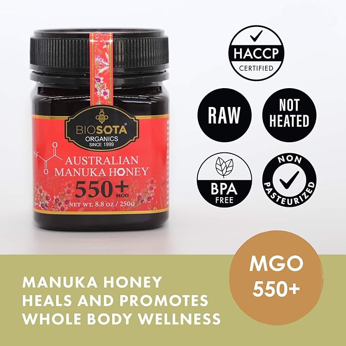BIOSOTA Organic Manuka Honey MGO 550+ - Medical Grade Manuka Honey from Australia NPA/ULF 15+ 100% Raw Unheated Pure Honey 8.8oz (550+) (MGO 550+)