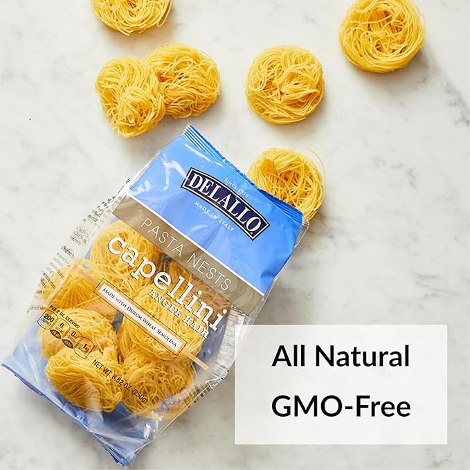 DeLallo Capellini Angel Hair Pasta Nests Made in Italy Made with Durum Wheat Semolina Non-Enriched Flour All Natural Kosher Non-GMO Preservative Free 8.82 oz Bag (3 Pack)