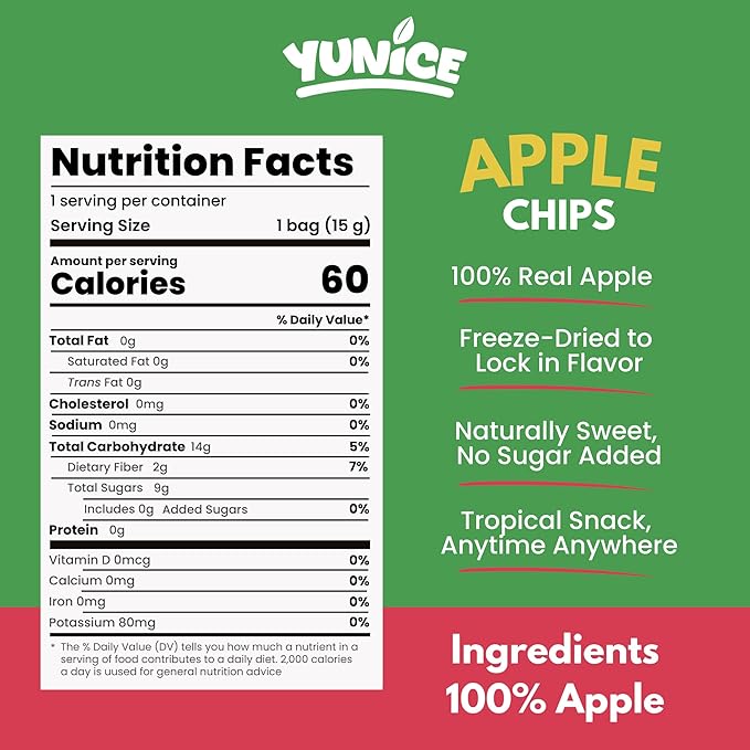 YUNiCE Freeze-Dried Fruit Snacks freeze dried apples dried apple chips All Natural 100% Apple No Sugar Added Gluten Free Plant Based Crispy Healthy Snack Pouches APPLE 0.53 Ounce (Pack of 12)