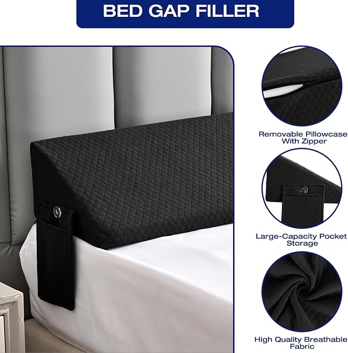 Twin Bed Wedge Pillow for Bed Gap Filler/Headboard Gap Black Long Triangle Corner Pillows with PocketsDense FoamPillow Prevents Stuff DropsBetween Twin Mattress and Frames Home Beds Accessories