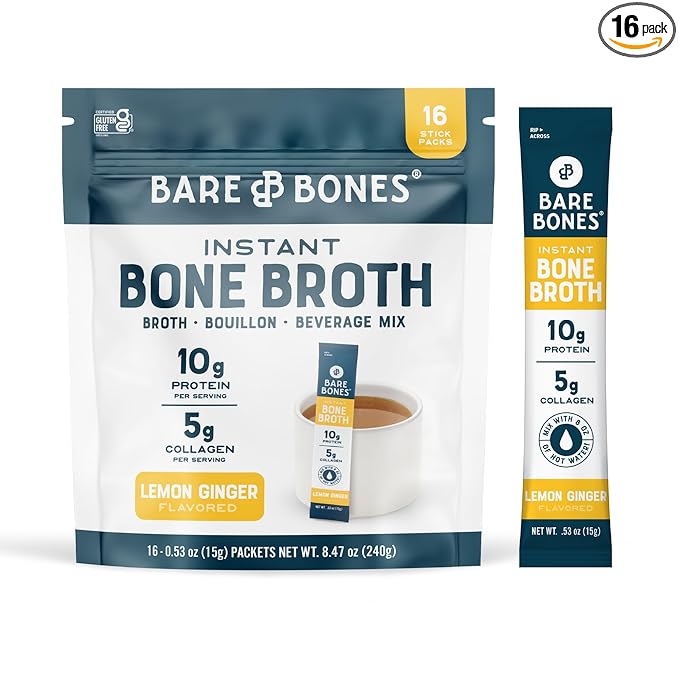 Bare Bones Lemon Ginger Bone Broth Instant Powdered Mix Packets | 5g Collagen | 10g Protein | Keto &amp Paleo Friendly | No Artificial Flavors | Rich Savory on-the-go 16 Pack