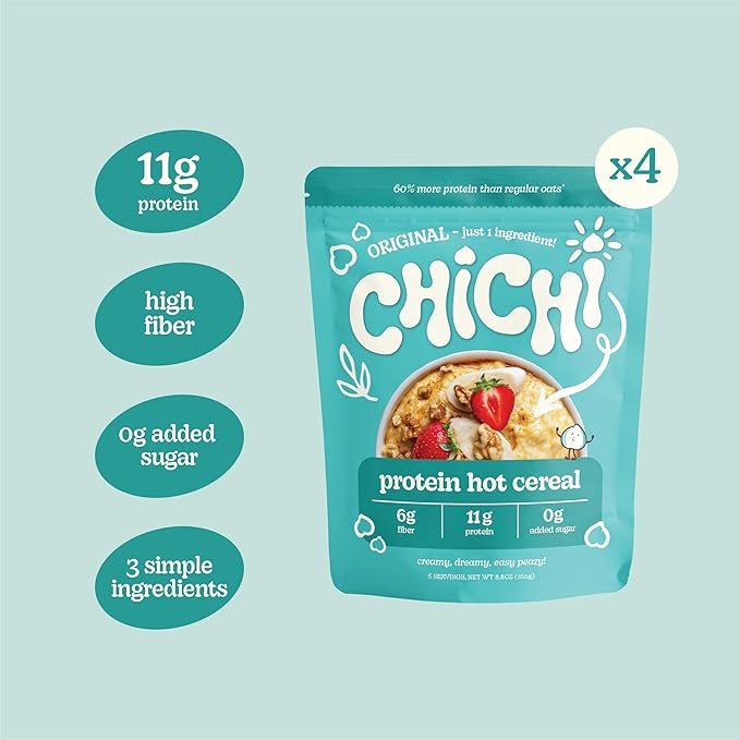 ChiChi Protein Hot Cereal Made with Chickpeas | Original (Plain) (8.8 oz x 4 pouches 20 servings) —Protein-packed (11g) High Fiber 0g Added Sugar Made with Simple Ingredients Grain Free Gluten F
