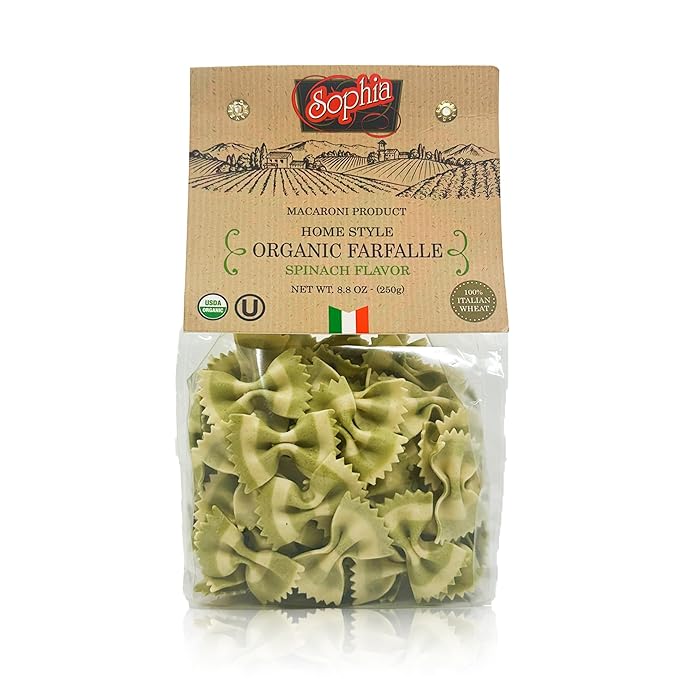 Sophia Foods Two-Color Farfalle Pasta Spinach Flavored 8.8oz Box (4-Pack) - Vibrant and Nutritious