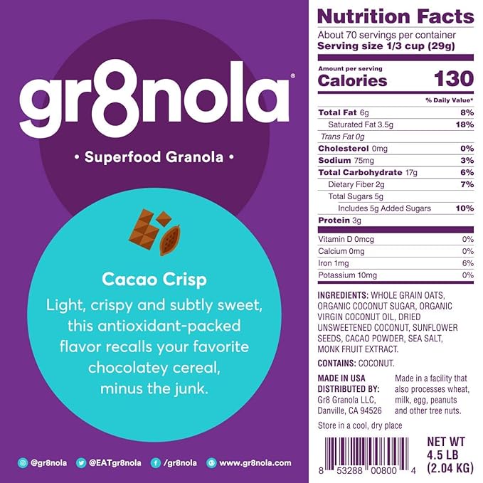 gr8nola CACAO CRISP - Healthy Low Sugar Vegan Bulk Granola Cereal - Made with Superfoods Cacao Coconut and Sunflower Seeds Soy Free Dairy Free and No Refined Sugar - 4.5lb Resealable Bag