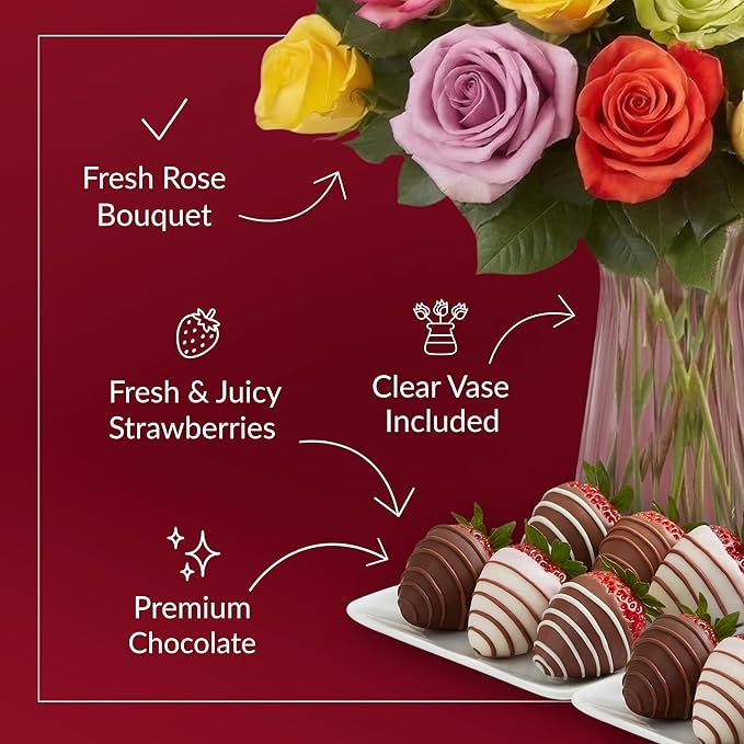 Shari’s Berries 24 Assorted Roses with Vase &amp 6 Gourmet Chocolate Covered Strawberries Gift Set| Flower &amp Chocolate Gift Delivery for Valentine's Day Anniversary Birthday &amp Thank You