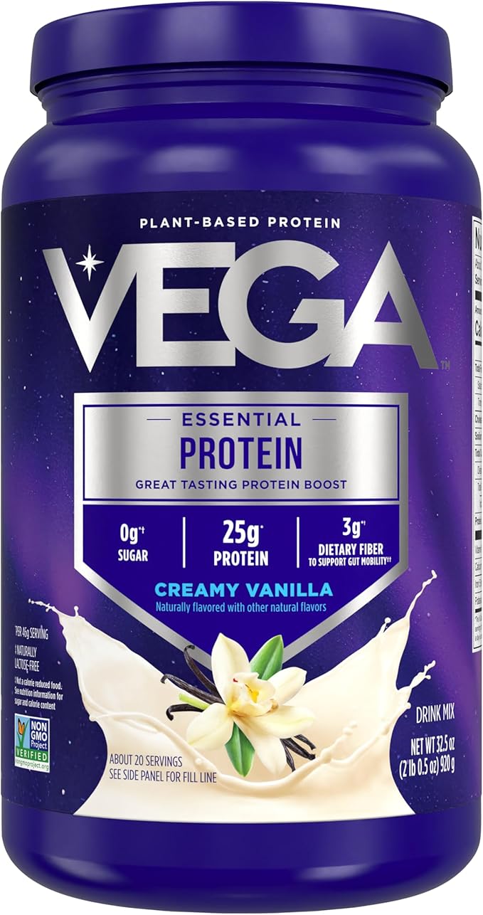 Vega Original Essential Protein - 25g Plant-Based Protein Creamy Vanilla 20 Servings Vegan Non-GMO Drink Mix Smoothie &amp Shake Ready Gluten Free Dairy Free 32.5oz (Packaging May Vary)