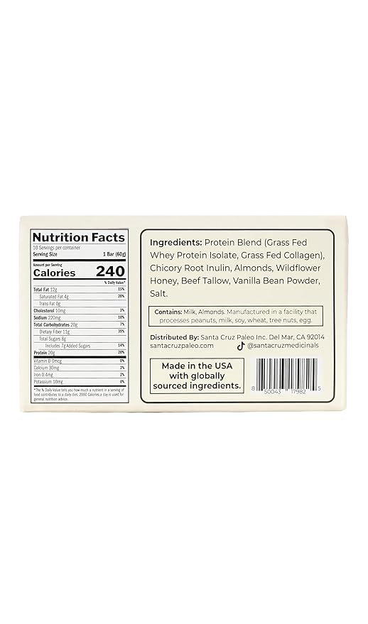 Santa Cruz Paleo Protein Bar – 20g Grass-Fed Whey &amp Collagen Protein – Wildflower Honey Sweetened No Seed Oils High Protein Snack Bar (Vanilla Flavor Pack of 10)
