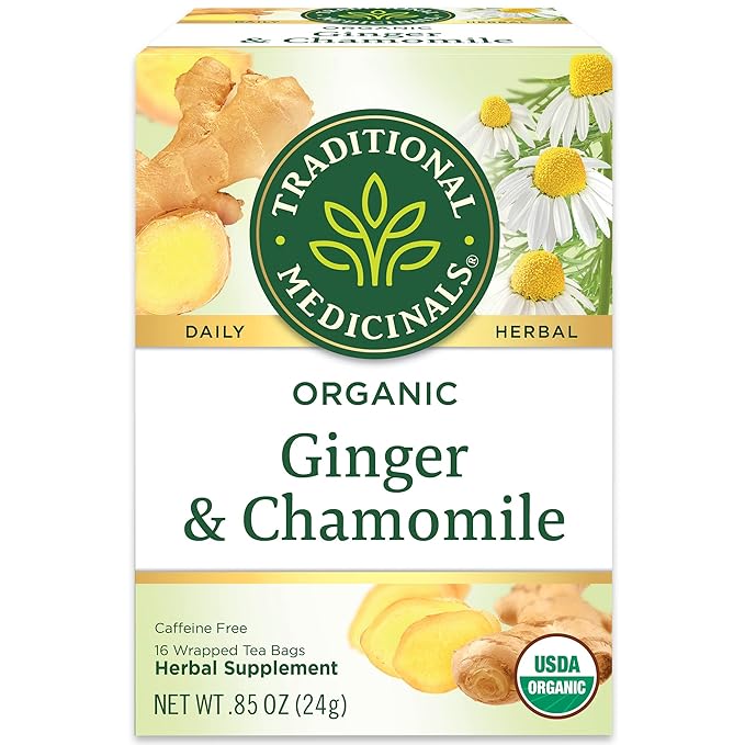 Traditional Medicinals Organic Ginger &amp Chamomile Herbal Tea Relieves Occasional Indigestion or Nausea (Pack of 3) - 48 Tea Bags Total