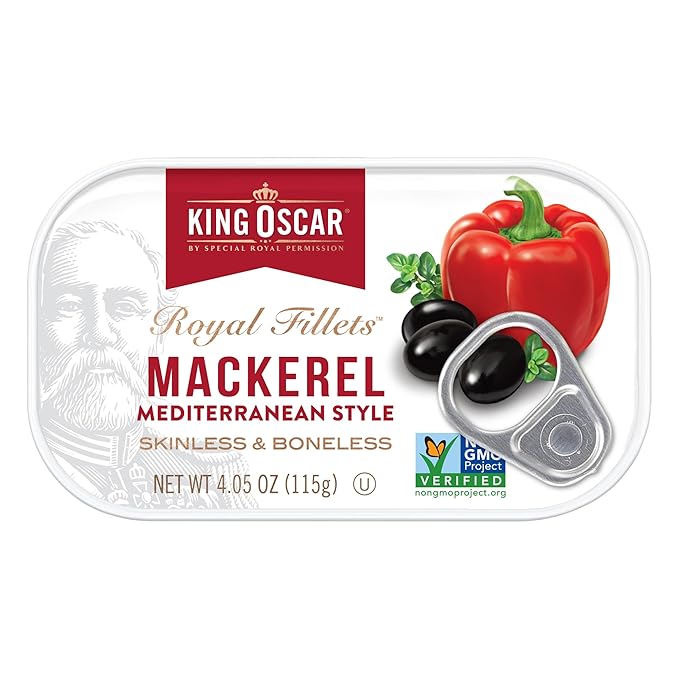 King Oscar Mackerel in Olive Oil Mediterranean Style 4.05 Ounce Can (Pack of 12 Packaging May Vary) Skinless &amp Boneless Wild Caught Canned Mackerel