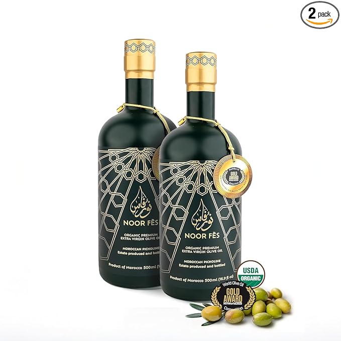 NOOR FÈS USDA Organic Extra Virgin Olive Oil | 584 mg/kg High in Polyphenols | 100% Unrefined | Moroccan Cold Extracted EVOO | Less than 0.15% Acidity | Handpicked Picholine Olives | Pack of 2