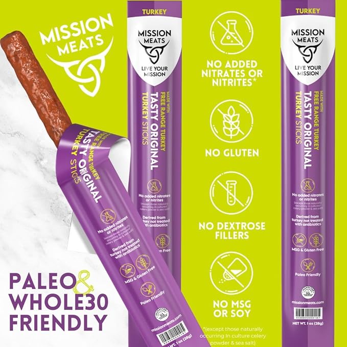 Mission Meats Turkey Sticks 100% Free Range Turkey Jerky Zero Sugar Delicious Healthy Snacks 9g Protein Individually Wrapped Gluten Free Original 1oz (48ct)