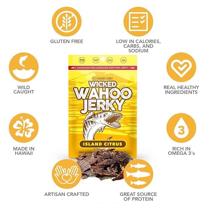 Island Citrus Wahoo Ono Fish Jerky - Zesty Umami Flavor - Artisan Crafted - Gourmet Dried Fish Strips Rich in Omega-3 &amp Protein - Low-Calorie Seafood Snack with Low Sodium &amp Sugar - 2 Ounce (3