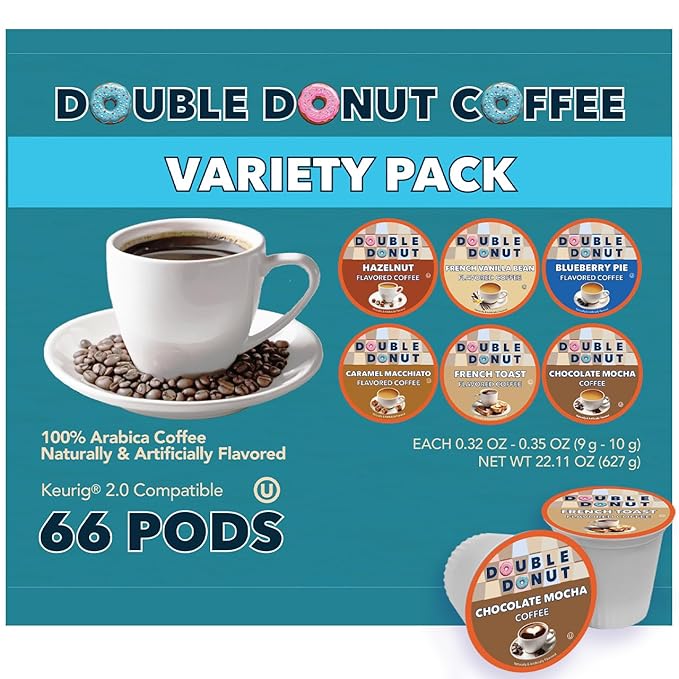 Double Donut Coffee Variety Pack Assorted Medium Roast Dark Roast &amp Flavored Coffee in Recyclable Single Serve Cup 66 Count