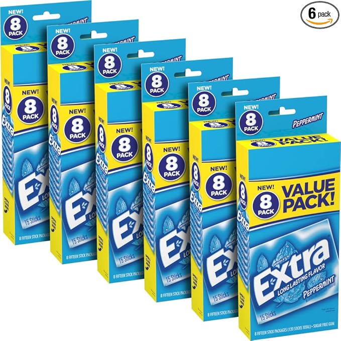 EXTRA Gum Peppermint Sugar-Free Chewing Gum Bulk 8 Ct Box Pack of 6 (48 Count)