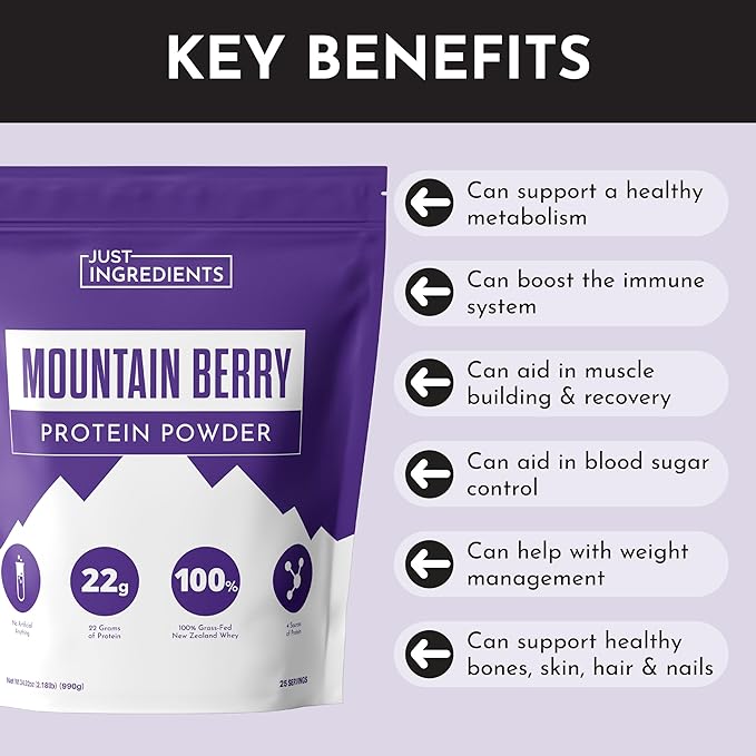 JUST INGREDIENTS Mountain Berry Protein Powder – 30-Serving Blend with 100% Grass-Fed Whey &amp Organic Plant Proteins – Mixed Berry Flavor with Real Fruit – Supports Muscle Recovery Energy*