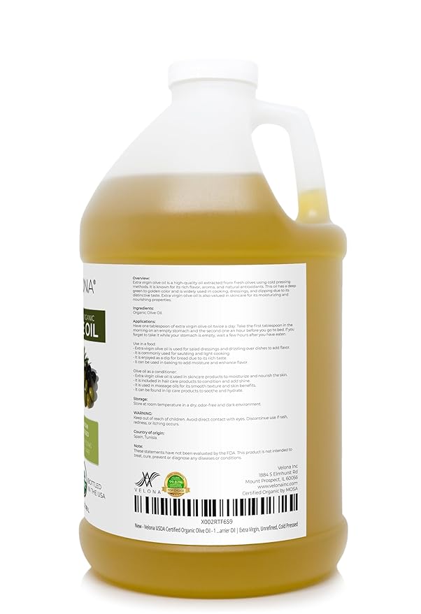 velona USDA Certified Organic Olive Oil -1 Gallon / 128 Fl Oz | 100% Pure and Natural Carrier Oil | Extra Virgin Unrefined Cold Pressed | Cooking Dressing Face Hair Body &amp Skin Care | Use To