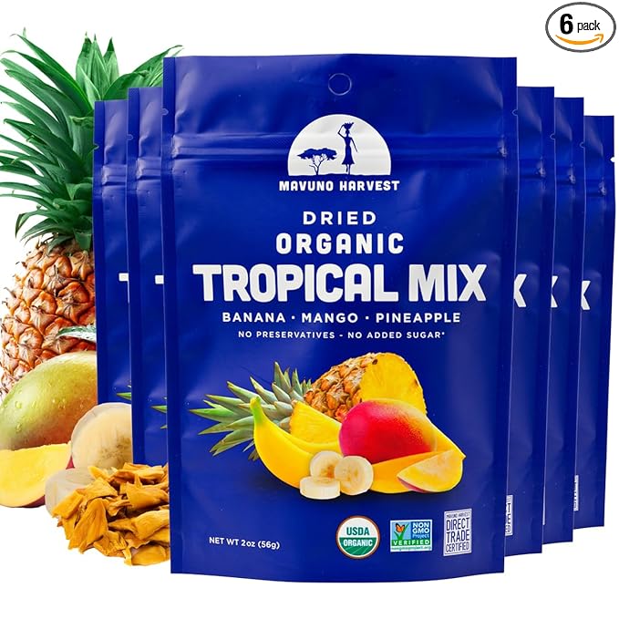 Mavuno Harvest Tropical Mix Dried Fruit Snack | Unsweetened Organic Mixed Dried Fruit | Gluten Free Healthy Snacks for Kids and Adults | No Sugar Added Vegan Non GMO | 2 Ounce Pack of 6