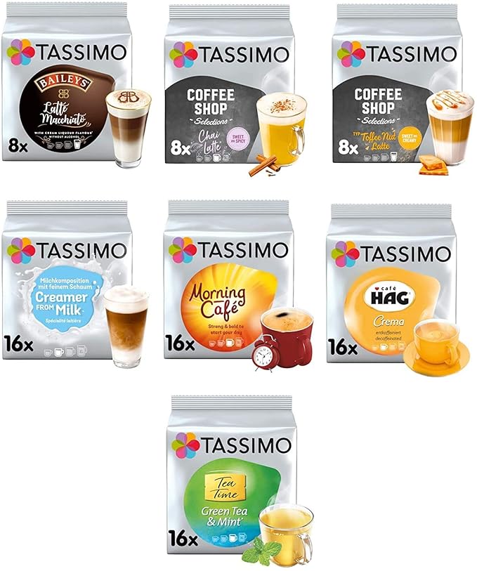 Tassimo Coffee Tea Chocolate Pods. Pick Any 5 Packs from 50+ Blends Including Kenco Costa Jacobs Hot Chocolate Chai latte Baileys Cadbury Milka Oreo Cafe Hag and More.