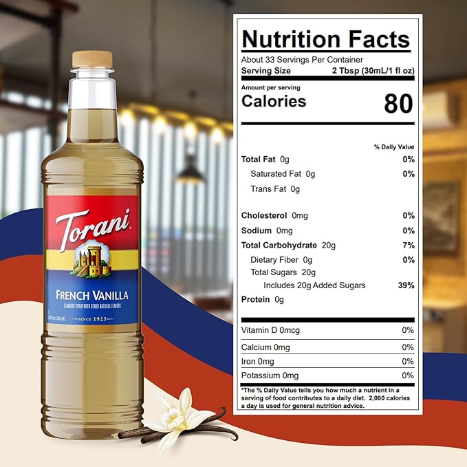 Torani French Vanilla Coffee Syrup 1 Liter Bottle with Pump Dispenser – Flavored Syrup with Pure Cane Sugar &amp Natural Ingredients – Perfect for Lattes Teas Cocktails &amp Desserts