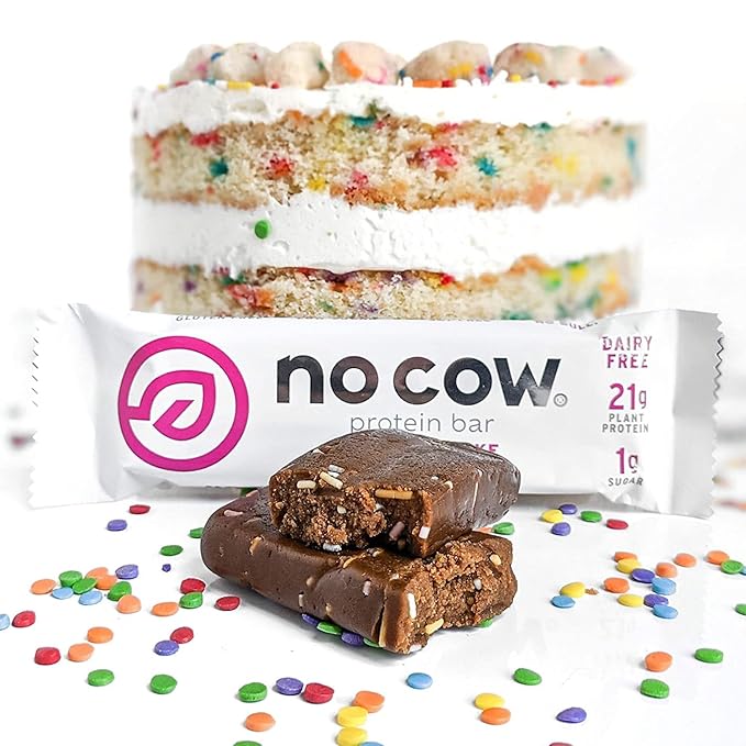 No Cow High Protein Bars Birthday Cake 21g Plant Based Vegan Protein Keto Friendly Low Sugar Low Carb Low Calorie Gluten Free Naturally Sweetened Dairy Free Non GMO Kosher 4 Pack