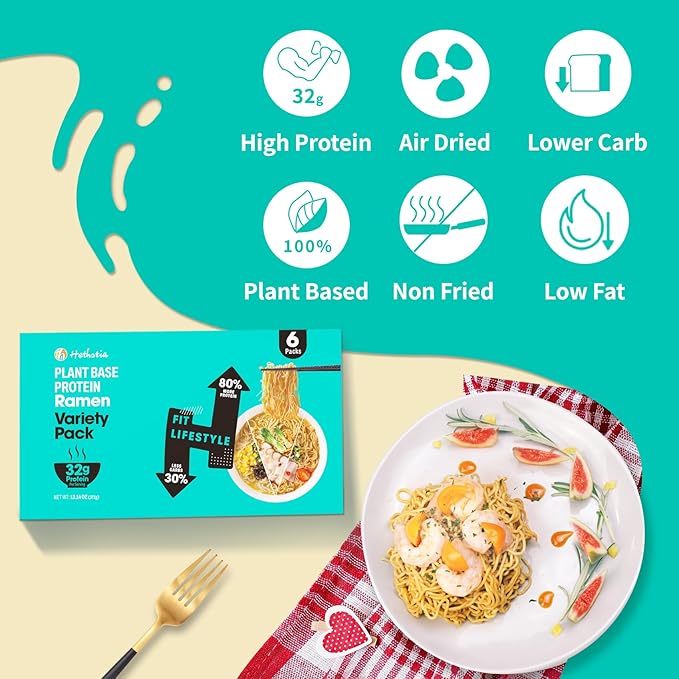 Hethstia High-Protein Instant Ramen Variety Pack (Chicken Beef Pork Tonkotsu) 6 Pack Non-Fried Ramen Broth 31g Plant-Based Protein Air-Dried Low Fat Non-GMO Egg-Free Dairy-Free Healthy Meal