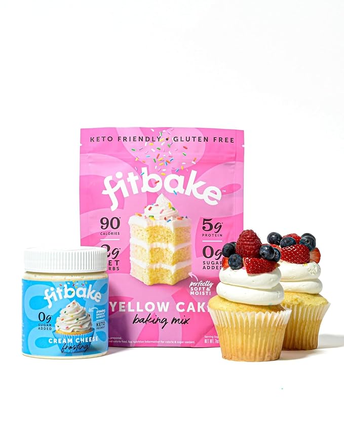 FitBake Yellow Cake Baking Mix and Cream Cheese Frosting Bundle | 0g to 2g Net Carbs Per Serving | Keto Friendly Low Carb Food | Gluten Free Desserts | No Added Sugar