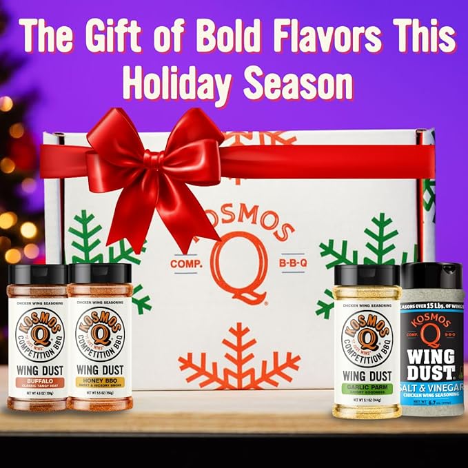 Kosmos Q Ultimate Chicken Wing Box Includes Buffalo Honey BBQ Garlic Parmesan and Salt &amp Vinegar Seasoning Gift Set for Chicken Popcorn Fries &amp More Gifts for Men
