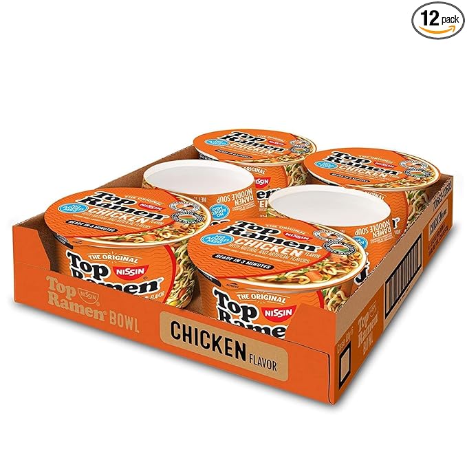 Jae's Warehouse Top Ramen Bowl Chicken Flavor Microwavable Bowl 3.28oz. (12-Pack)~Includes Jaes Tote Bag &amp Topflappen