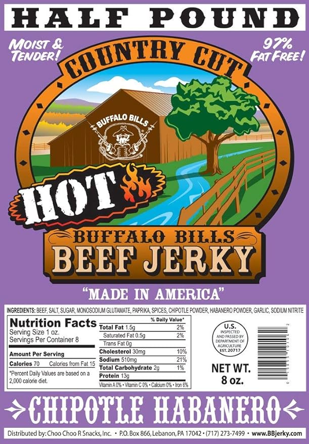 Buffalo Bills 8oz Chipotle Habanero Country Cut Beef Jerky Pack (moist &amp tender hot beef jerky) 8Oz