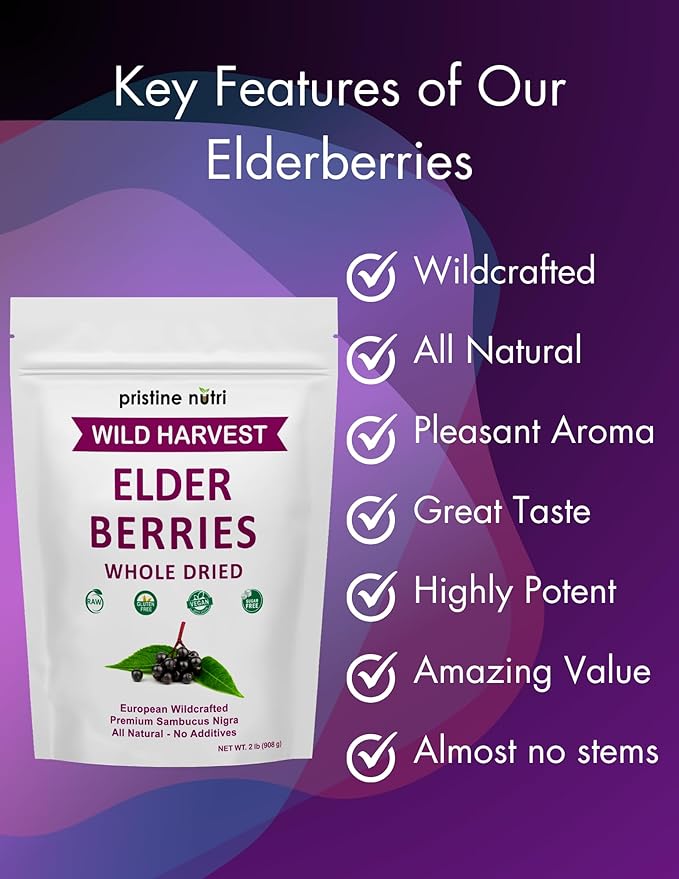 Elderberries Dried Bulk | Whole European Elderberry Dried Wildcrafted All Natural | Non-GMO Non-irradiated | Immunity Booster Antioxidants and Vitamins | Make Syrup Tea| 2 lb (32 oz)