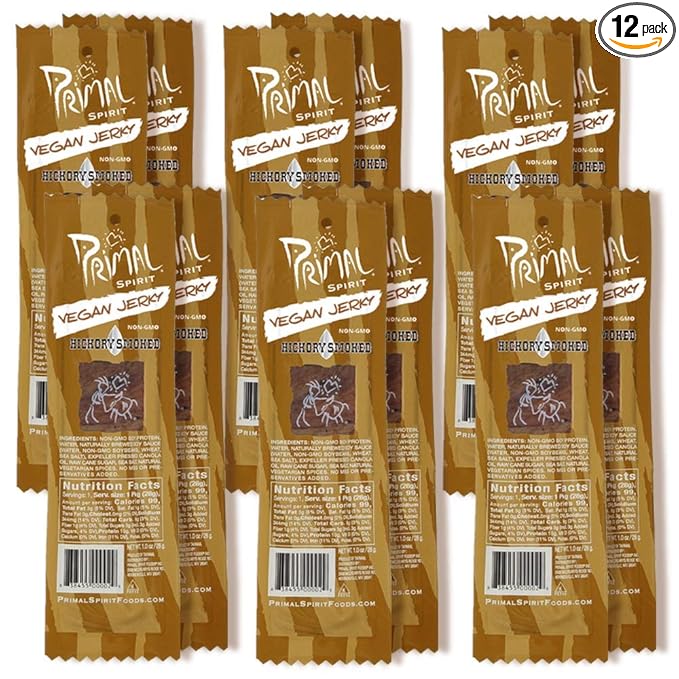 Primal Spirit Vegan Jerky – “Classic Flavor” – Hickory Smoked 10 g. Plant Based Protein Certified Non-GMO No Preservatives Sports Friendly Packaging (12 Pack 1 oz)