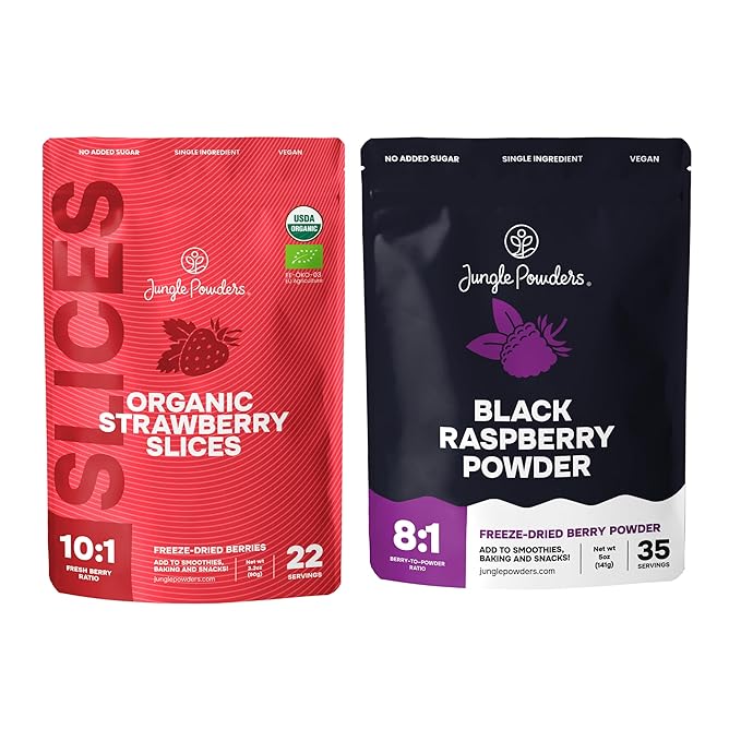Jungle Powders Freeze Dried Strawberries Organic USDA Certified Strawberry Slices 3.2 Ounce Bag Premium Dry Fruit + Black Raspberry Powder 5 Ounce Bag - 3rd Party Lab Tested