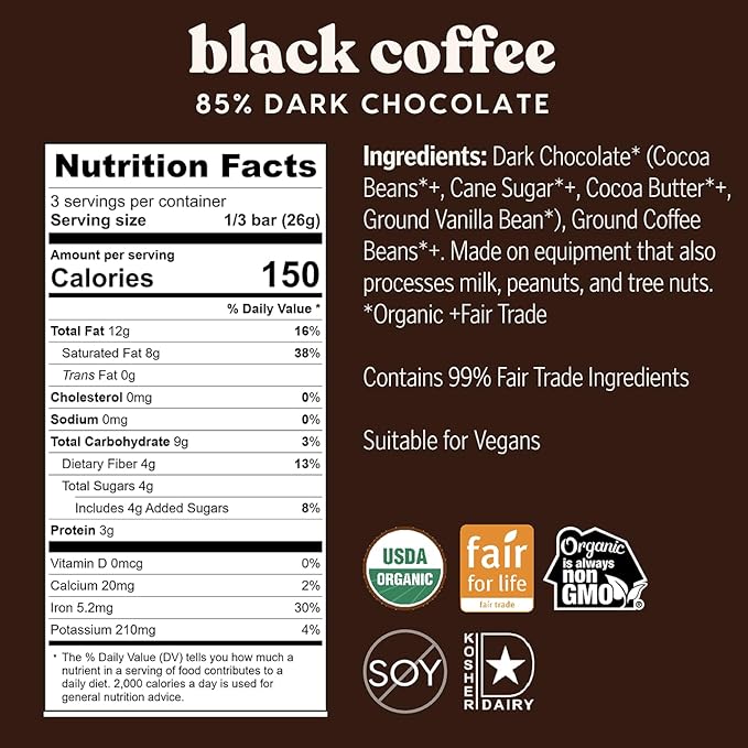 Theo Chocolate Black Coffee Organic Dark Chocolate Bar 85% Cacao 12 Pack | Vegan Fair Trade