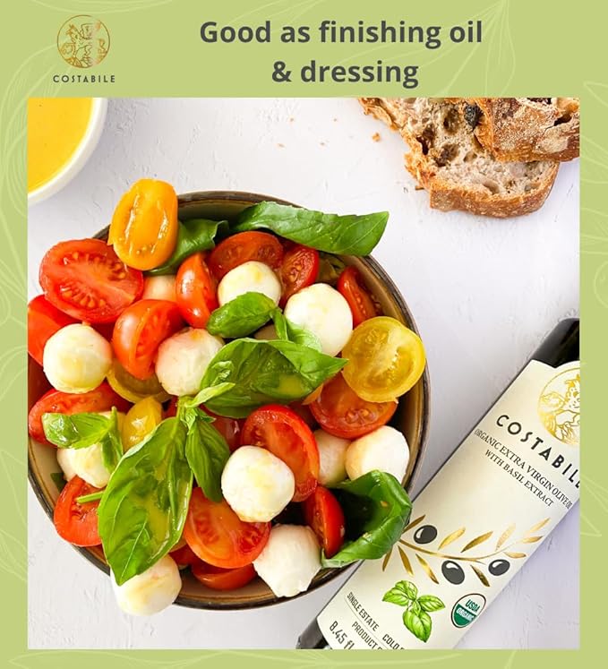 Basil Olive Oil Organic from Puglia Italy. Basil Infused Extra Virgin Olive Oil from a single source. Perfect for Salad Dressing - COSTABILE 8.45 Fl. Oz.