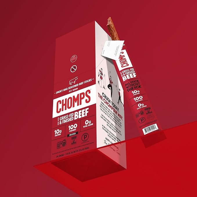 Chomps Grass-Fed and Finished Smoky BBQ Seasoned Beef Jerky Snack Sticks 24-Pack - Keto Paleo Whole30 10g Lean Meat Protein Gluten-Free Zero Sugar Food Non-GMO
