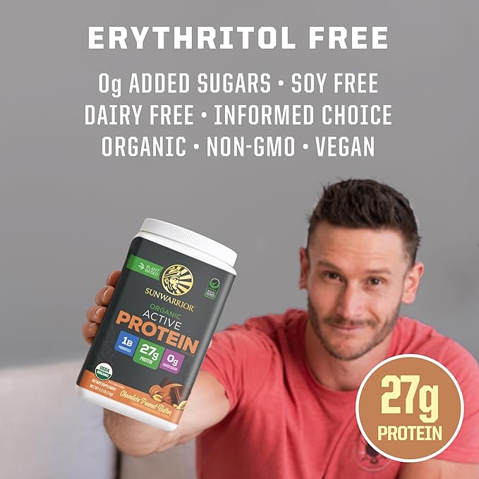 Sunwarrior Organic Plant Based Protein Powder | Vegan Organic Protein Powder with BCAAs Plus Recovery Minerals &amp Botanicals | Non-GMO Soy Dairy &amp Gluten Free (Chocolate Peanut Butter 20 Servi