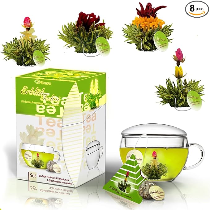 Creano Bloomning Tea Gift Set with Tea-Glass 7oz and 8 Tea-Flowers in Cup Size - Green Tea - Gift for Women Mother Tealovers