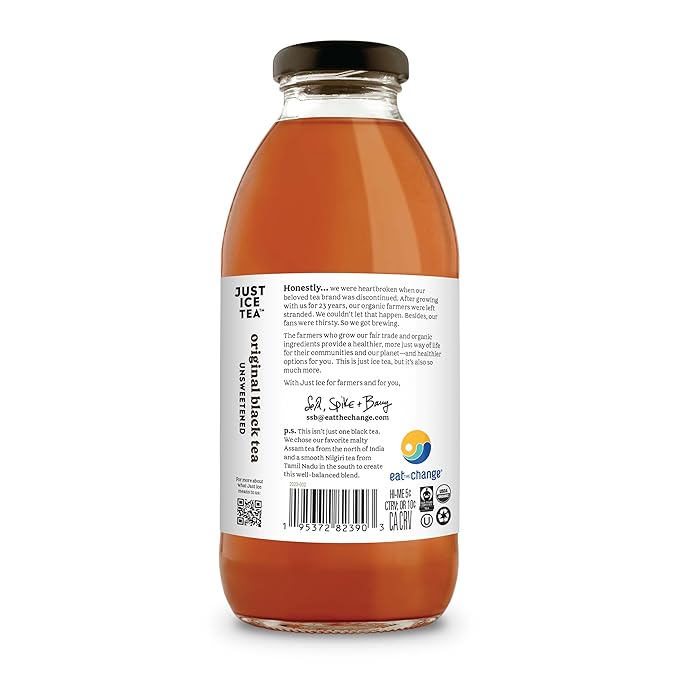 Just Ice Tea Organic Iced Tea 16 Fl Oz Glass Bottles (Unsweetened Original Black Tea Pack of 12)