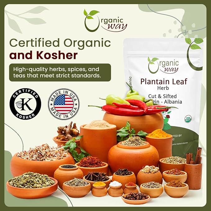 Organic Way Plantain Leaf Cut and Sifted - Herbal Tea | European Wild-Harvest | Organic &amp Kosher Certified | Non GMO &amp USDA Certified - Origin Albania (16 Ounce Pack)
