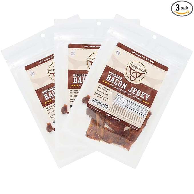 Mission Meats Candied Sriracha Bacon Jerky – Delicious Savory &amp Sweet Snack Small Batch Uncured Bloody Mary Bar Supplies Perfect Stocking Stuffer Gift 2oz Bags (Pack of 3)