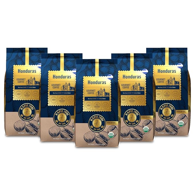 Kafie 1901 Coffee Co. Honduras Medium Dark Roast x 5 lbs. | Organic Whole Bean Coffee | Single-Origin Arabica | Rich Chocolate &amp Nut Notes | Family-Roasted in Miami Florida