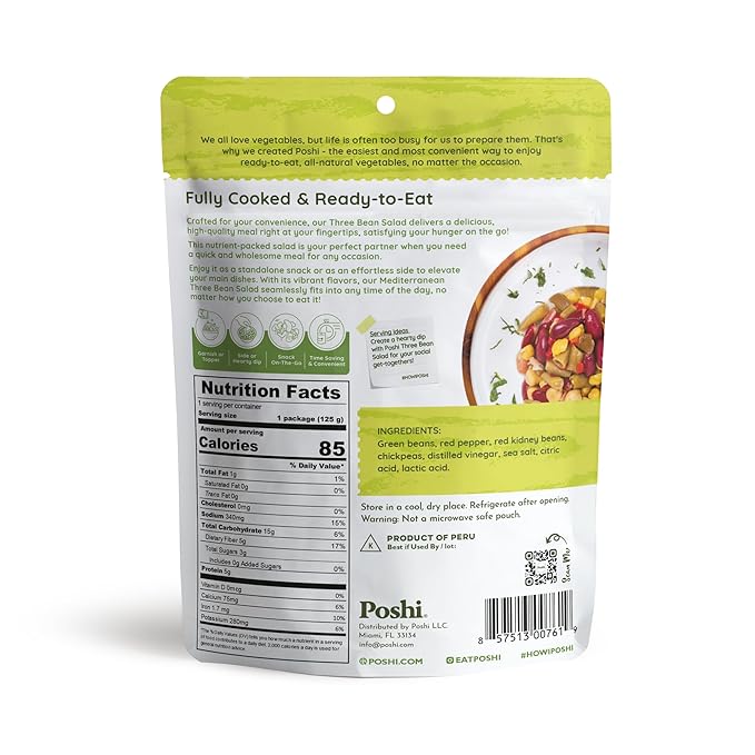 POSHI Mediterranean Three Bean Salad Natural Keto Vegan Non GMO Low Carb + Calorie Gluten Free Ready to Eat Fully Cooked Vegetables Pentry Food Gourmet Healthy Travel Food 6 Pack 4.4 oz