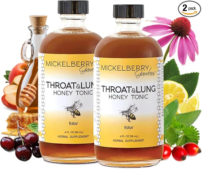 Mickelberry Gardens Throat &amp Lung Honey Tonic: Wellness Syrup Natural Sore Throat Relief Immune Support &amp Cough Suppressant for Adults &amp Kids (4 oz 2 Pack)