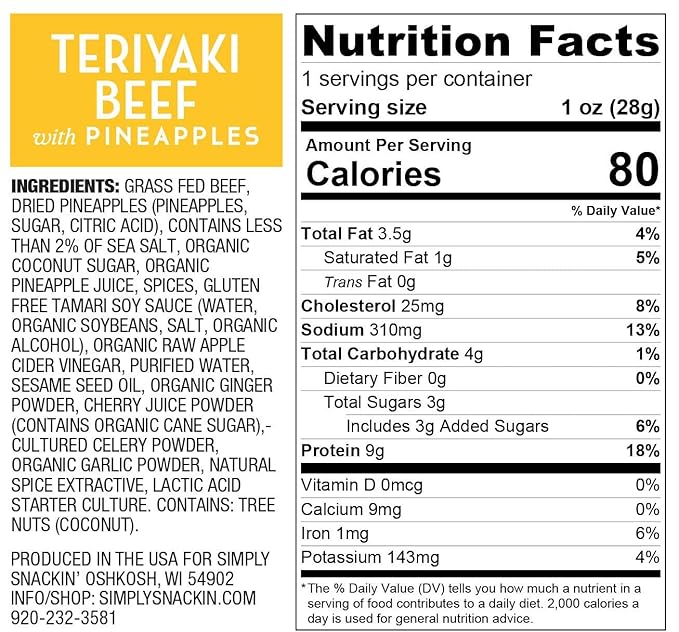 Simply Snackin' - Dried Grass Fed Beef Snacks High Protein Low Calorie Low Sugar Low Carb Low Fat Gluten Free 20 Serving Pack (Teriyaki Beef with Pineapples)